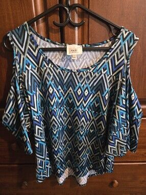 ECI Blue and Black Geometric Cold-Shoulder Blouse